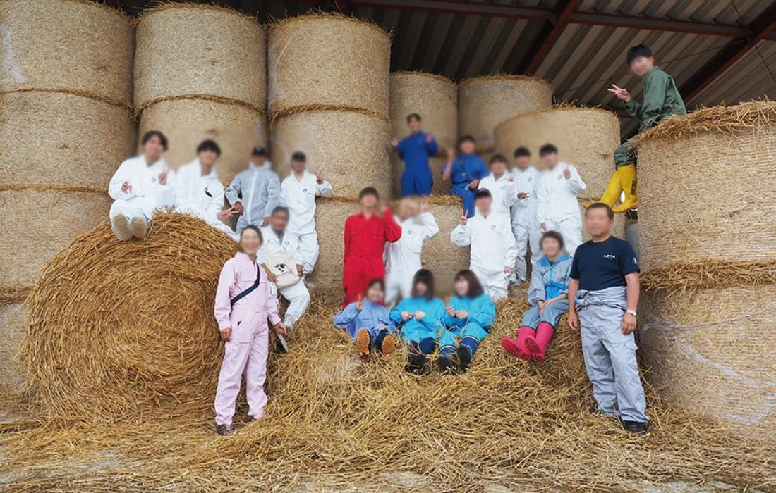 大量の牧草の前での写真