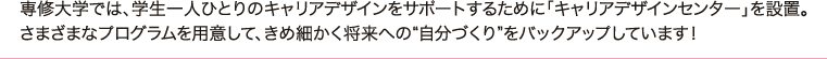 専修大学では、学生一人ひとりのキャリアデザインをサポートするために「キャリアデザインセンター」を設置。 さまざまなプログラムを用意して、きめ細かく将来への“自分づくり”をバックアップしています！