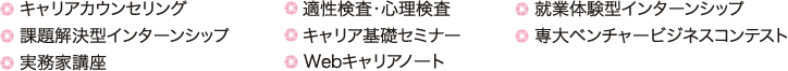 ・キャリアカウンセリング・適性検査・心理検査・就業体験型インターンシップ・課題解決型インターンシップ・キャリア基礎セミナー・ベンチャービジネスコンテスト・実務家講座・Webキャリアノート