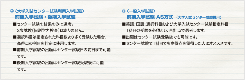 ●〈大学入試センター試験利用入学試験〉前期入学試験・後期入学試験　●〈一般入学試験〉前期入学試験 AS方式（大学入試センター試験併用）