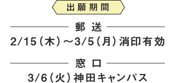 出願期間　郵送2/15（木）〜3/5（月）消印有効　窓口3/6（火）神田キャンパス