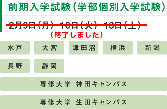 前期入学試験（学部個別入学試験）2月9日（月）・10日（火）・13日（土）