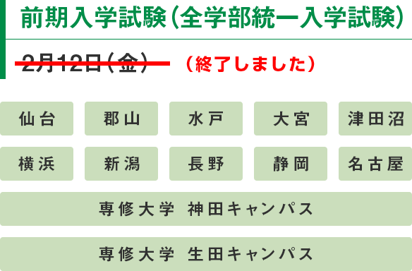 前期入学試験（全学部統一入学試験）  2月12日（金）