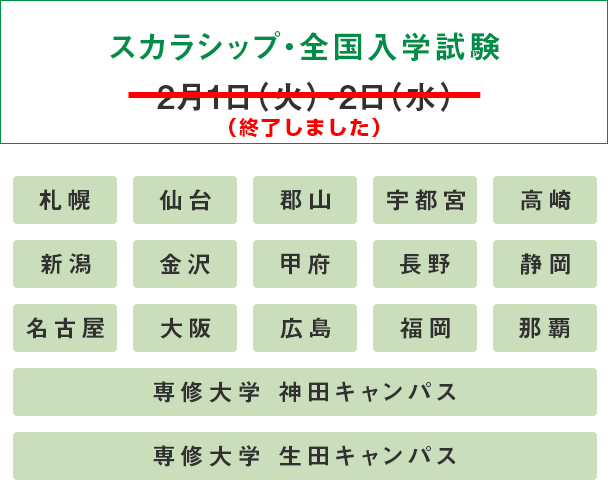 スカラシップ・全国入学試験 2月1日（火）・2日（水）