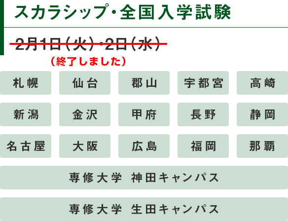 スカラシップ・全国入学試験 2月1日（火）・2日（水）（終了しました）