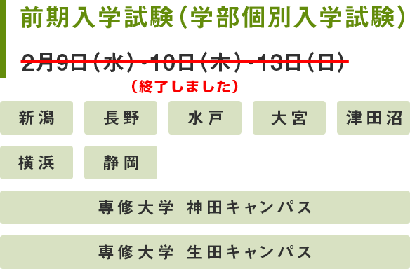 前期入学試験（学部個別入学試験）2月9日（水）・10日（木）・13日（日）（終了しました）