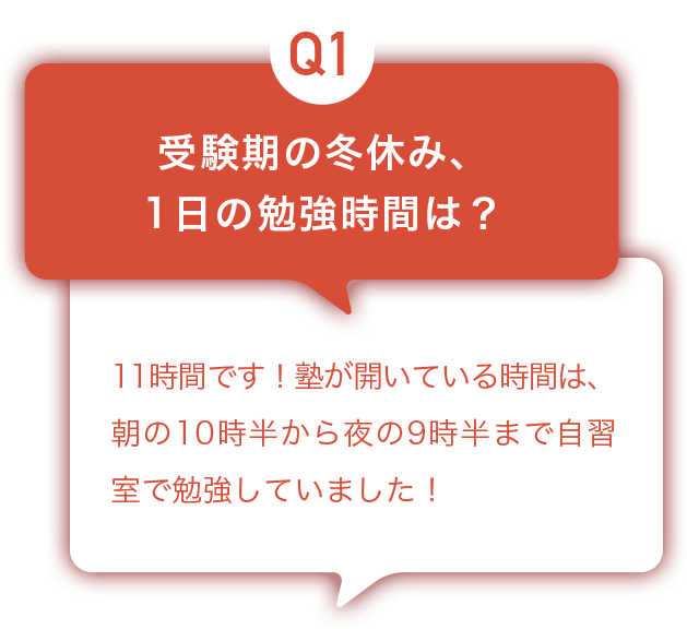 Q1：受験期の冬休み、1日の勉強時間は？ A:11時間です！塾が開いている時間は、朝の10時半から夜の9時半まで自習室で勉強していました！