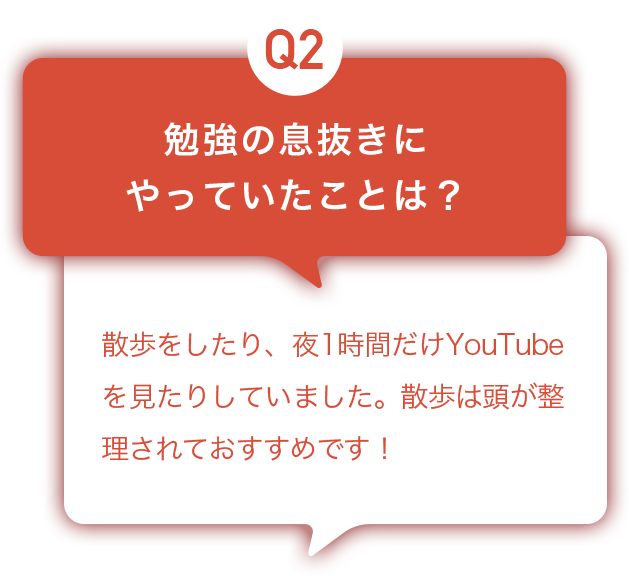 Q2：勉強の息抜きにやっていたことは？ A:散歩をしたり、夜1時間だけYouTubeを見たりしていました。散歩は頭が整理されておすすめです！