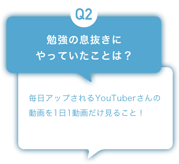 Q2：勉強の息抜きにやっていたことは？ A:毎日アップされるYouTuberさんの動画を1日1動画だけ見ること！　