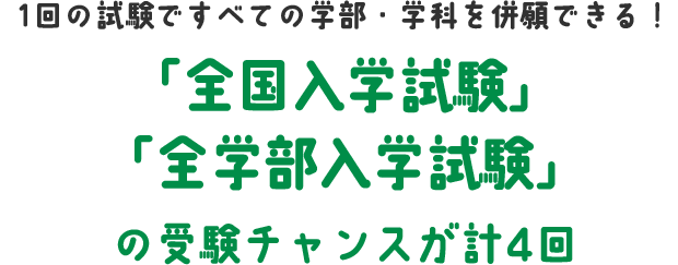 1回の試験ですべての学部・学科を併願できる！/「全国入学試験」「全学部入学試験」の受験チャンスが計4回